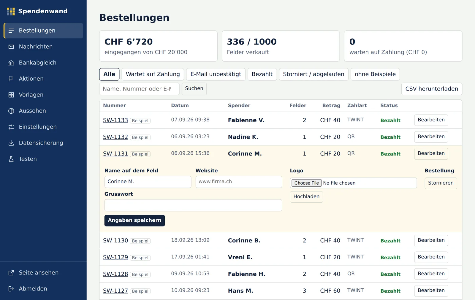 Verwaltung der Spendenwand: Liste der Bestellungen mit Status, eine Bestellung ist zum Bearbeiten aufgeklappt