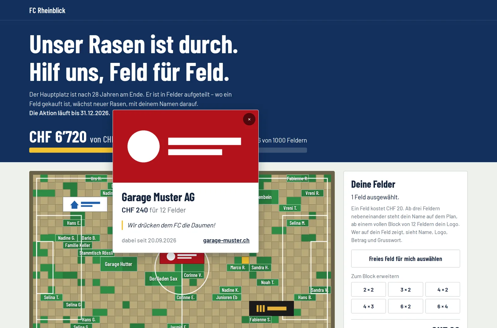 Spendenwand eines Fussballclubs: Plan mit Namen, geöffnetes Info-Fenster einer Firma mit Logo, Betrag und Grusswort, rechts die Kaufkarte